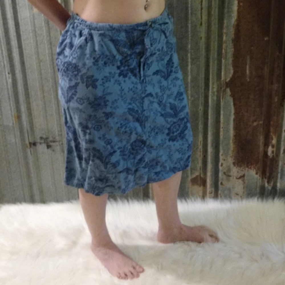 Blue Linen Floral Adjustable Tie Pocketed A-line Skirt